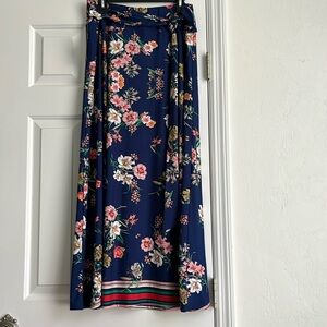 New super long soft boho floral navy skirt with attached belt